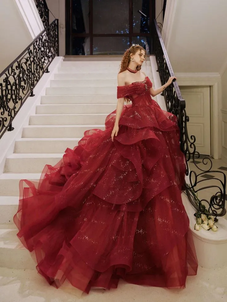 Diynav Off-Shoulder A-Line Red Evening Dress, Sparkling Dress Ball Gown Wedding Dress HZ1017