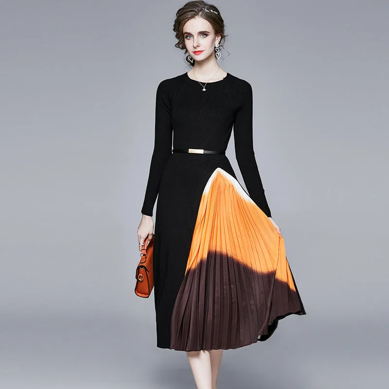 Diynav Knitted Splicing Gradient Color Folds To The Waist Swing Dress Women's Dress 2025 Autumn And Winter New