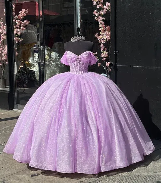 Diynav Off The Shoulder Lilac Tulle Beaded Ball Gown Quinceanera Dress HZ1017
