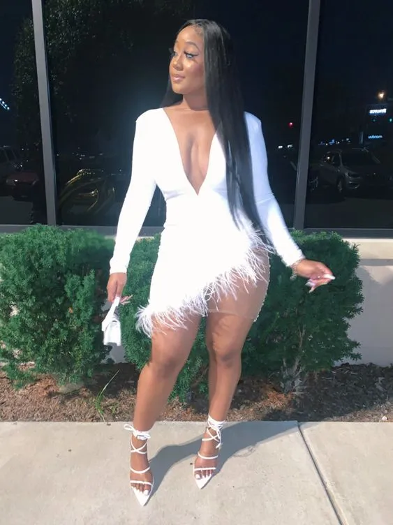 Diynav Plunge Fluffy Irregular Party Dress White Dresses Sexy White Homecoming Dress HZ1017 - Image 2