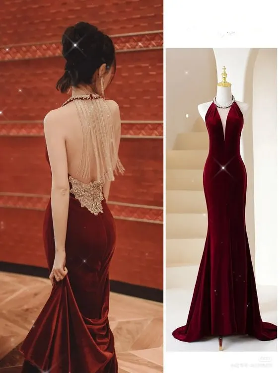 Diynav Mermaid Long Prom Dress Chic Burgundy Evening Dress With Back Tassel HZ1017