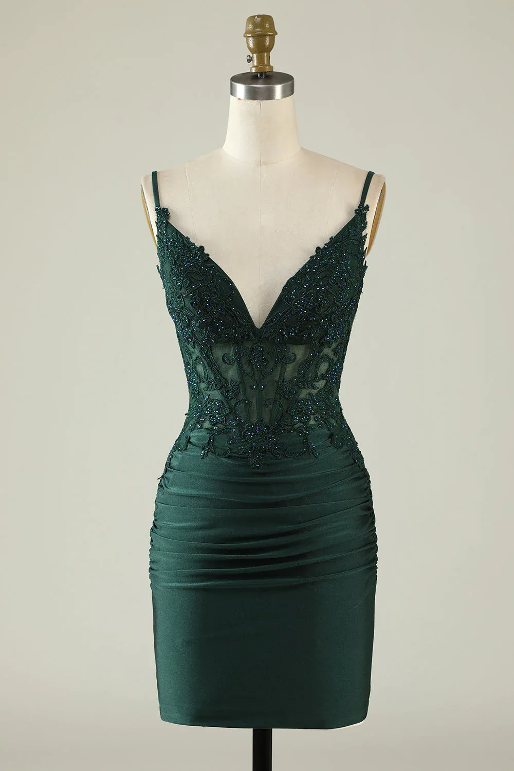 Diynav V-Neck Dark Green Pleated Homecoming Dress with Appliques HZ1017