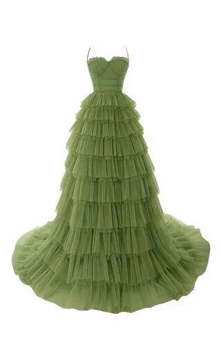 Diynav Spaghetti Straps Tulle Prom Dress,Olive Green Evening Gown HZ1017