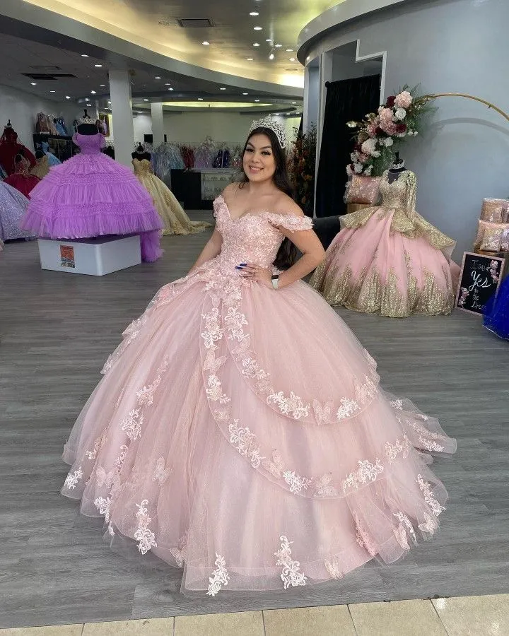 Diynav The Shoulder Pink Tulle Lace Ball Gown,Sweet 16 Dress HZ1017