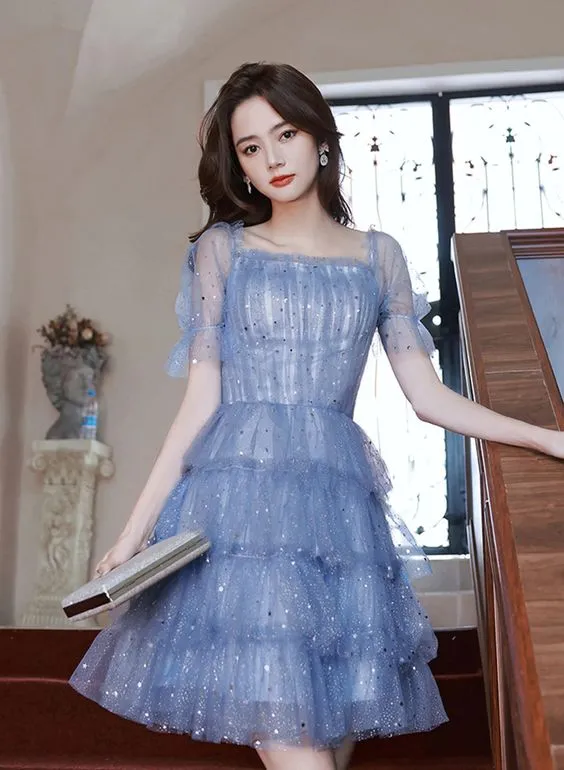 Diynav Short Layers Tulle Formal Dress, Blue Off Shoulder Homecoming Dress Party Dress HZ1017