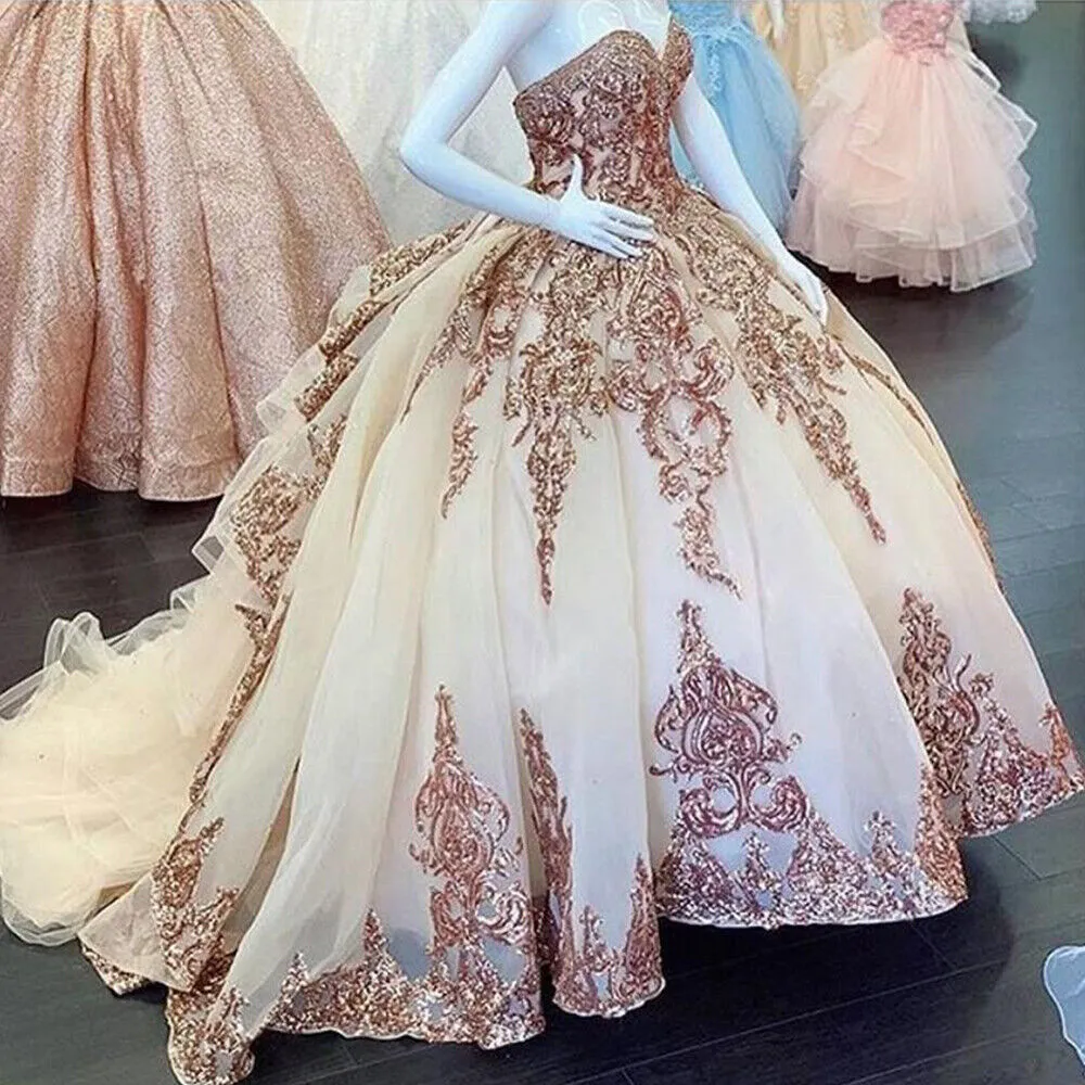 Diynav Gold Sweet 16 Quinceanera Dresses Sequins Appliques Sweetheart Ball Gowns HZ1017