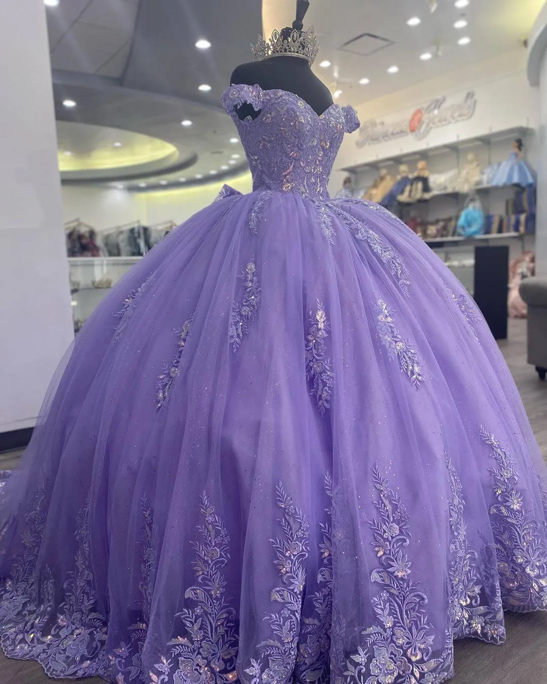 Diynav The Shoulder Lilac Corset Quinceanera Dress Ball Gown,Appliques Lace Birthday Dress HZ1017