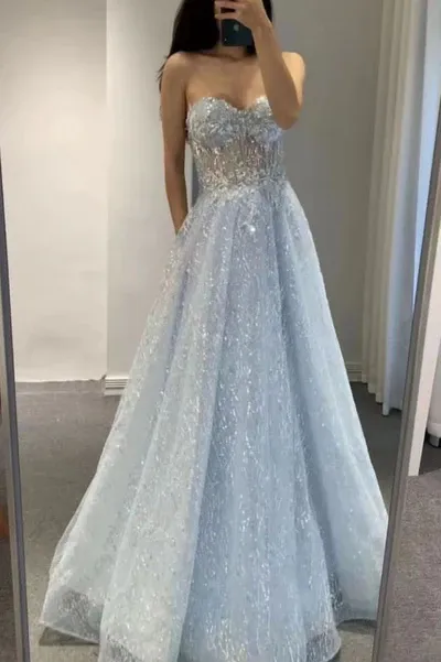 Diynav Blue Sweetheart Tulle Sequins Long Prom Dress,Sexy A-line Evening Dress HZ1017