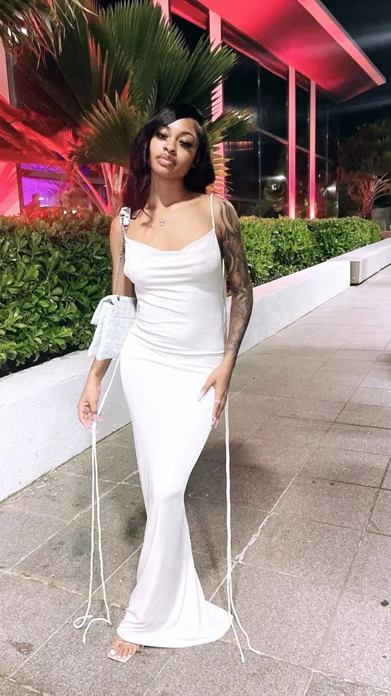 Diynav Women Spaghetti Strap Backless Bodycon Dress,White Evening Dress HZ1017