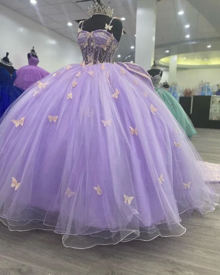 Diynav Tulle Ball Gown With Butterflies,Sweet 16 Dress,Purple Princess Dress HZ1017