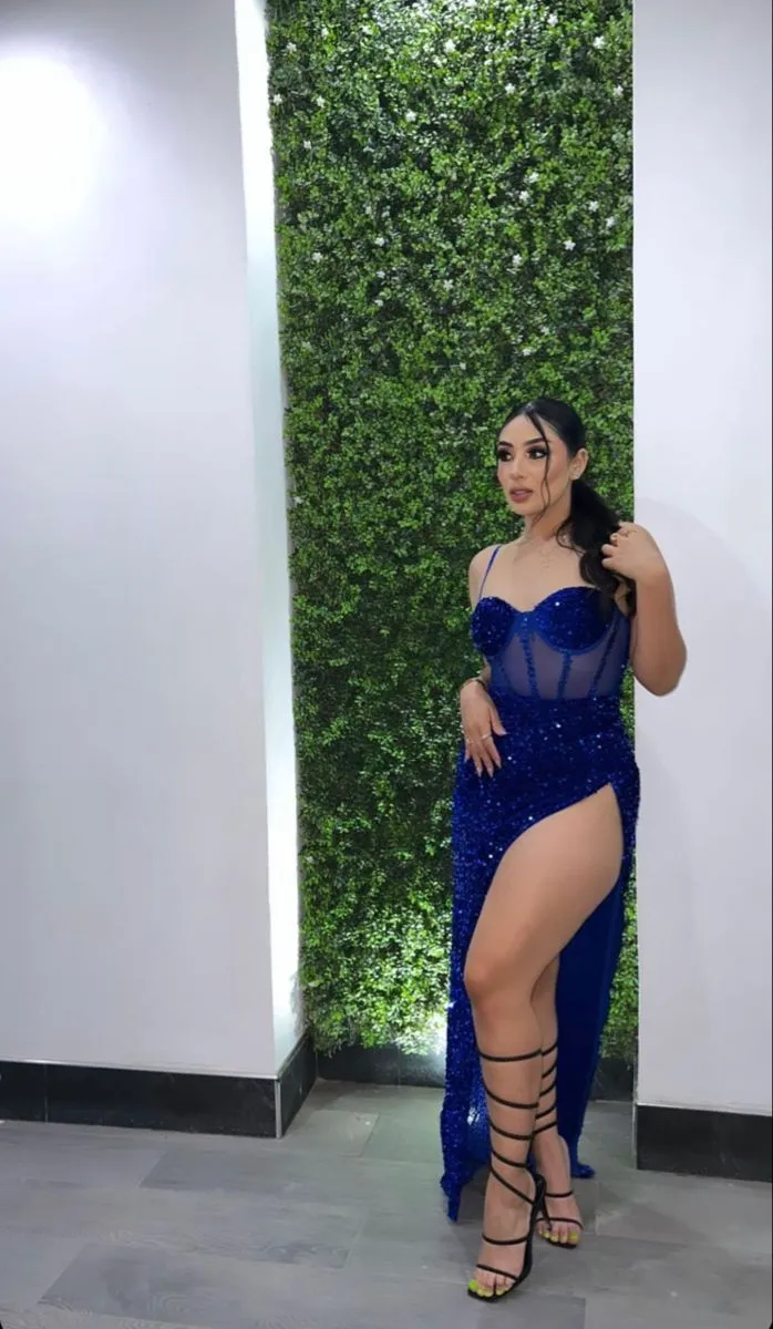 Diynav Blue Prom Dresses Sexy Sparkly Bling Spaghetti Strap Sweetheart Mermaid Long Side Slit Illusion Evening Gowns HZ1017