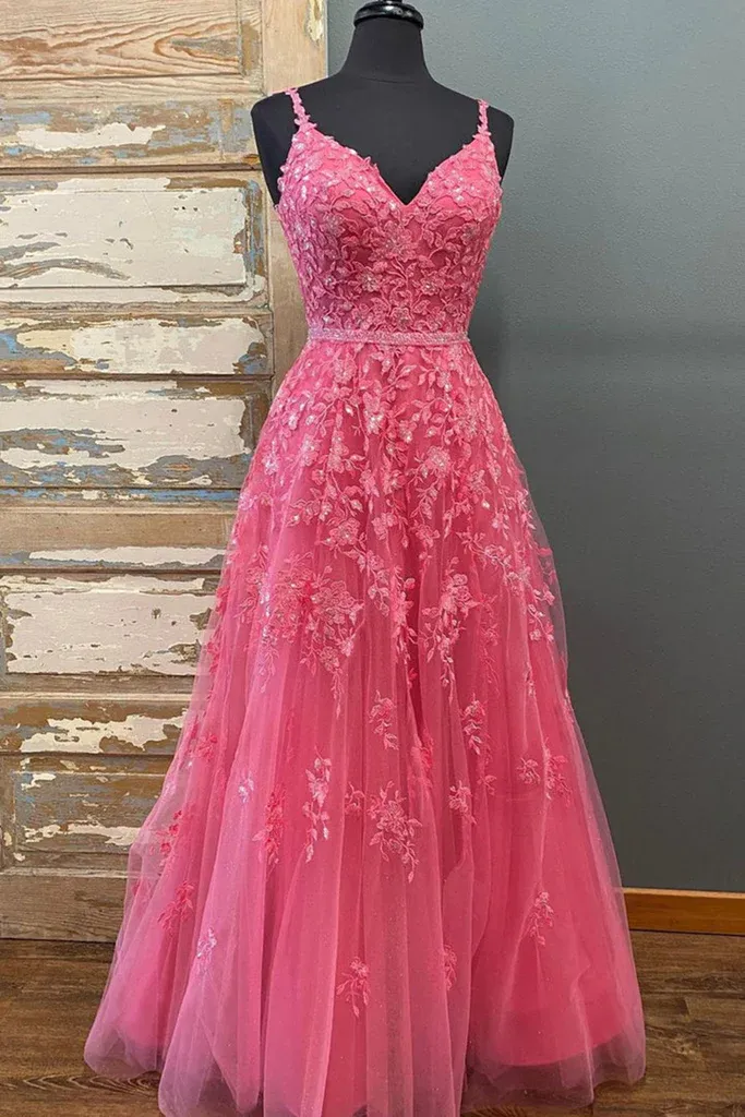 Diynav Line V Neck Beaded Hot Pink Lace Long Prom Dress, Hot Pink Lace Formal Graduation Evening Dress HZ1017