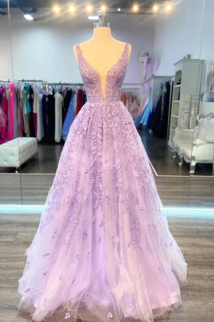 Diynav Neck Purple Lace Long Prom Dress, Lilac Lace Formal Dress, Purple Evening Dress HZ1017