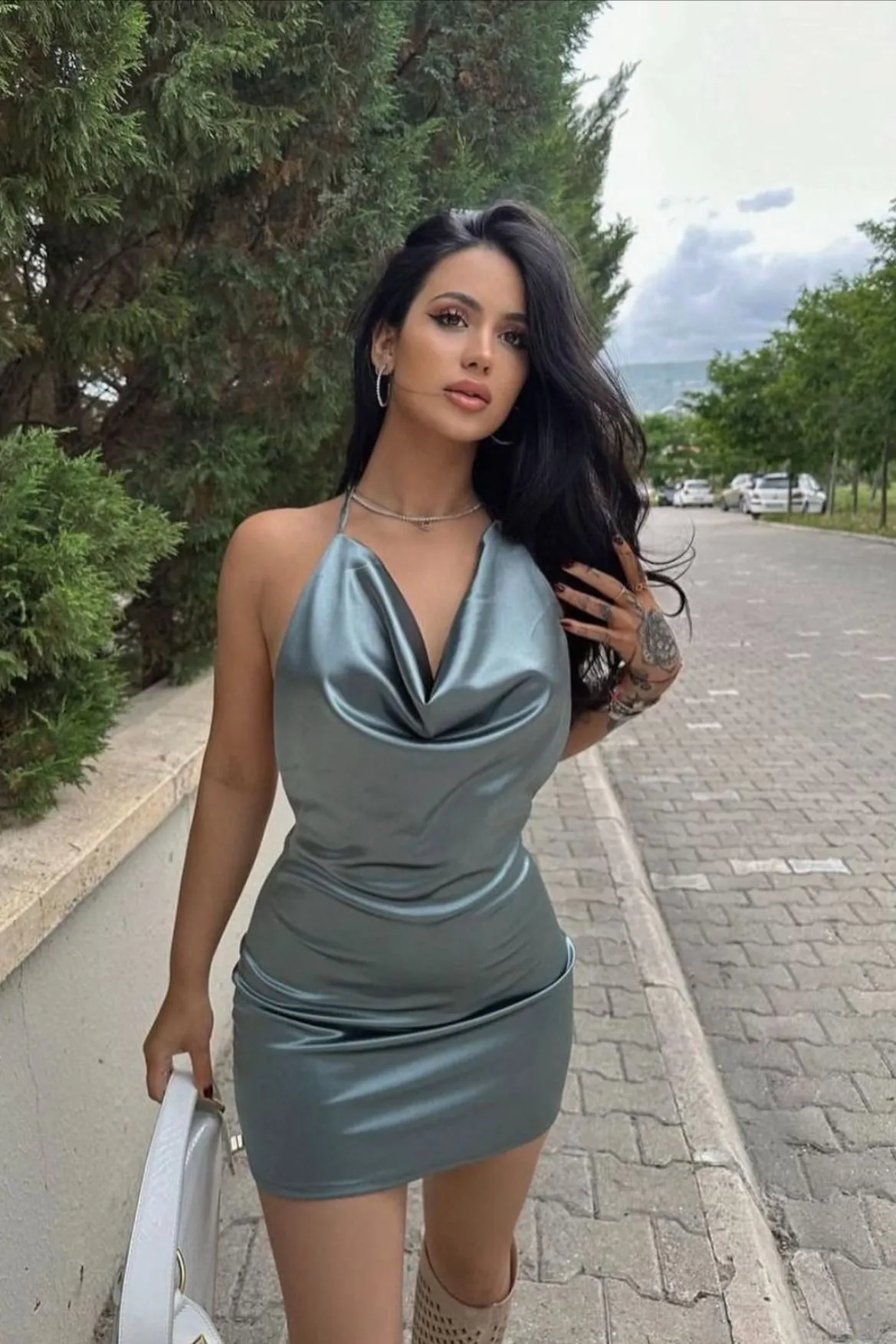 Diynav Women's Cowl Neck Satin Homecoming Dress HZ1017