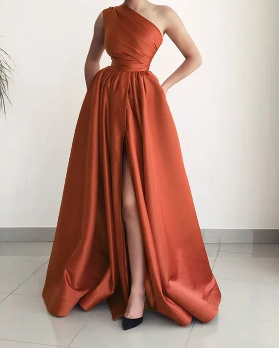 Diynav Shoulder Evening Dresses Satin Split Formal Party Gown with Split HZ1017
