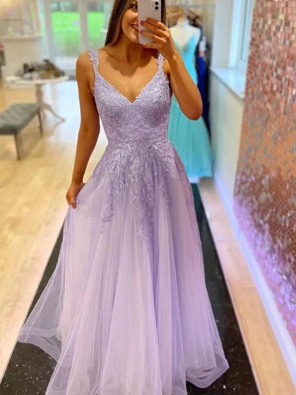 Diynav Line V Neck Beaded Lace Long Prom Dresses, Lace Formal Dresses, Lavender Evening Dresses HZ1017