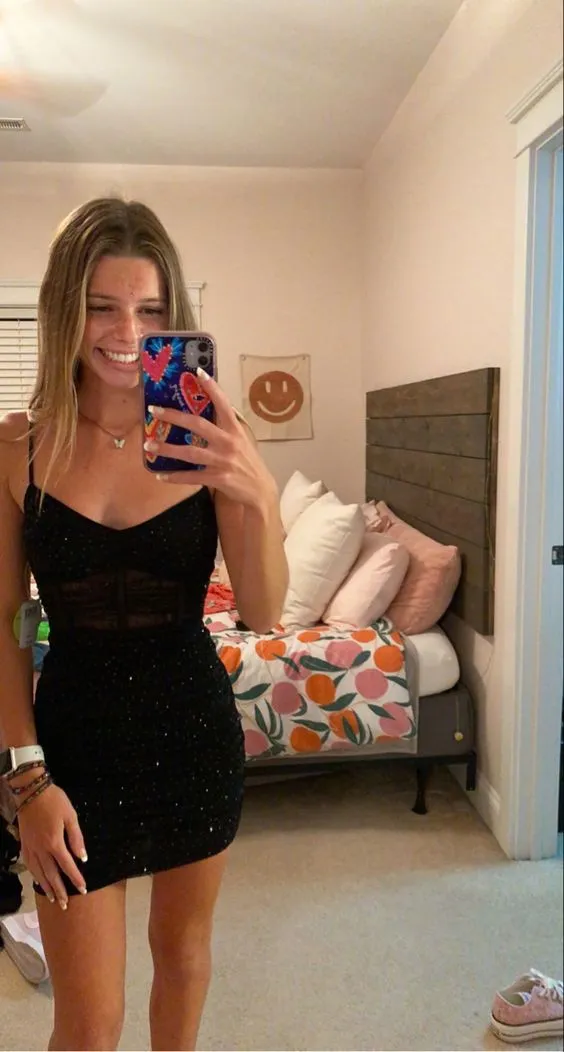 Diynav Black Spaghetti Straps Homecoming Dress,Black Party Dress HZ1017