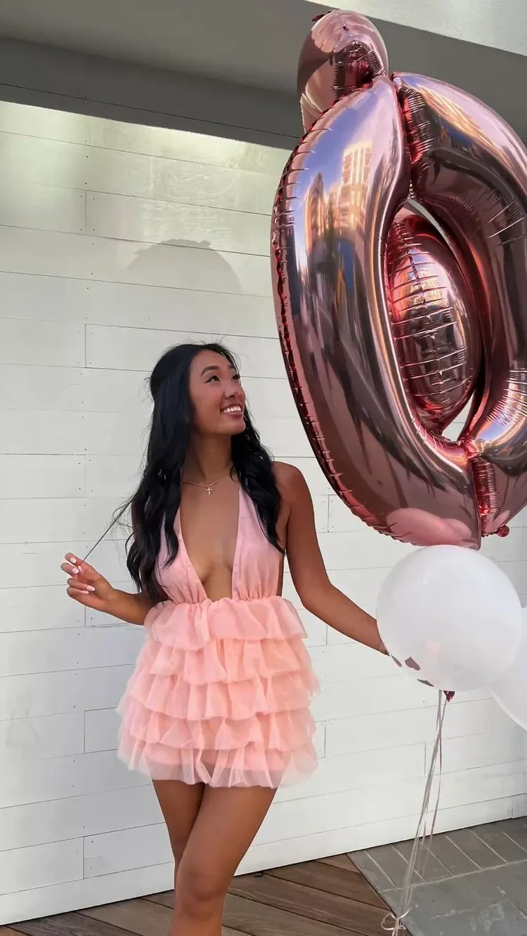 Diynav Deep V Neck Pink Homecoming Dress,Pink Birthday Party Dress HZ1017