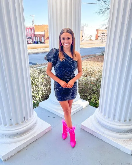 Diynav Shoulder Sequins Short Homecoming Dress,Graduation Dress HZ1017