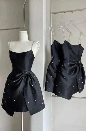 Diynav Black Short Prom Dress Satin Dress Homecoming Dress With Beaded HZ1017