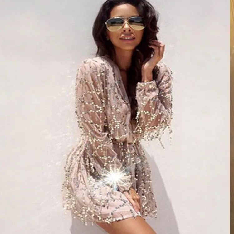 Diynav New Jumpsuit Night Club Fashion V Sexy Dress Lantern Sleeve Lily Trouser Dress