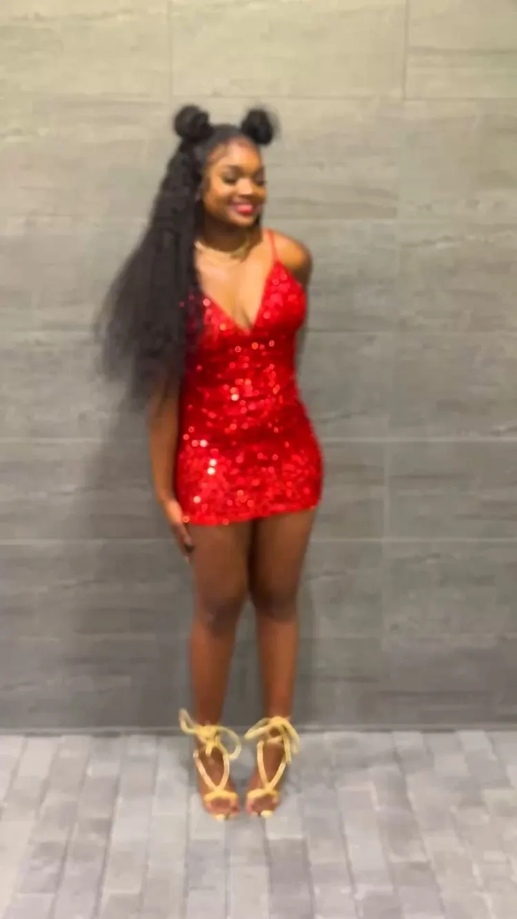 Diynav Birthday Outfit Red Sequins V Neck Homecoming Dress For Black Girls HZ1017 - Image 4