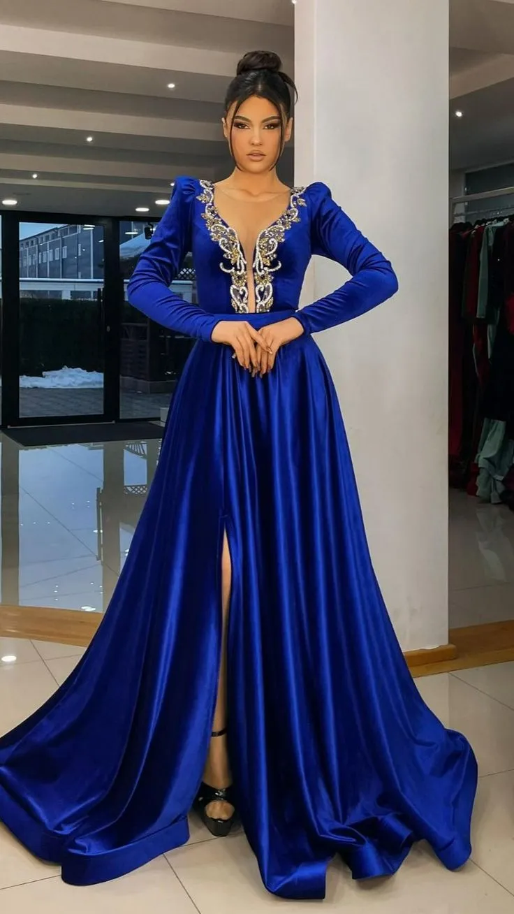 Diynav Blue Long Sleeve Evening Dresses A Line Caftan Saudi Arabia Prom Gowns Side Split Occasion Dresses HZ1017 - Image 2
