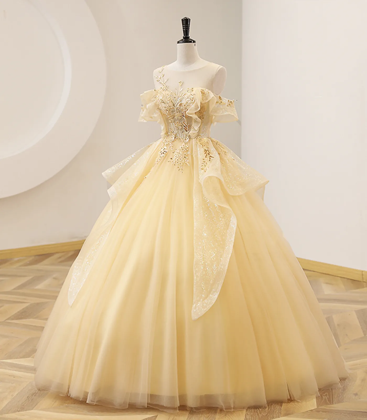Diynav Ball Gown Beaded Sweet 16 Dress, Yellow Long Formal Dress HZ1017