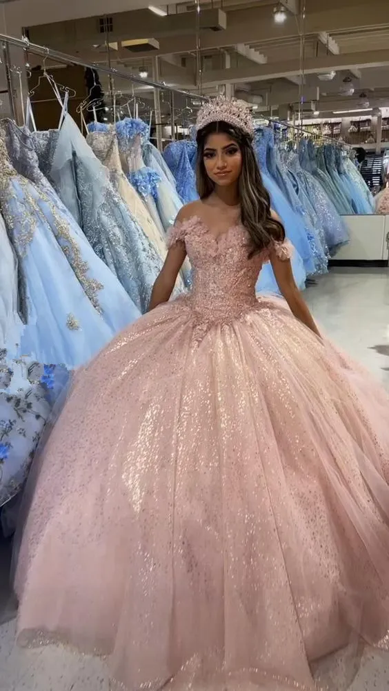 Diynav Off The Shoulder Blush Pink Quinceanera Dress Glitter Blush Pink Ball Gown HZ1017