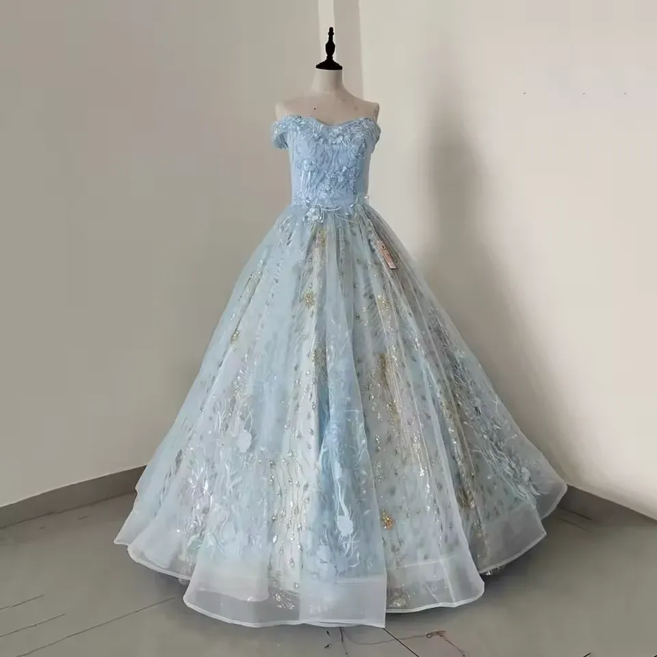 Diynav Blue Off The Shoulder Tulle Lace Appliques Princess Dresses Glitter Ball Gown HZ1017