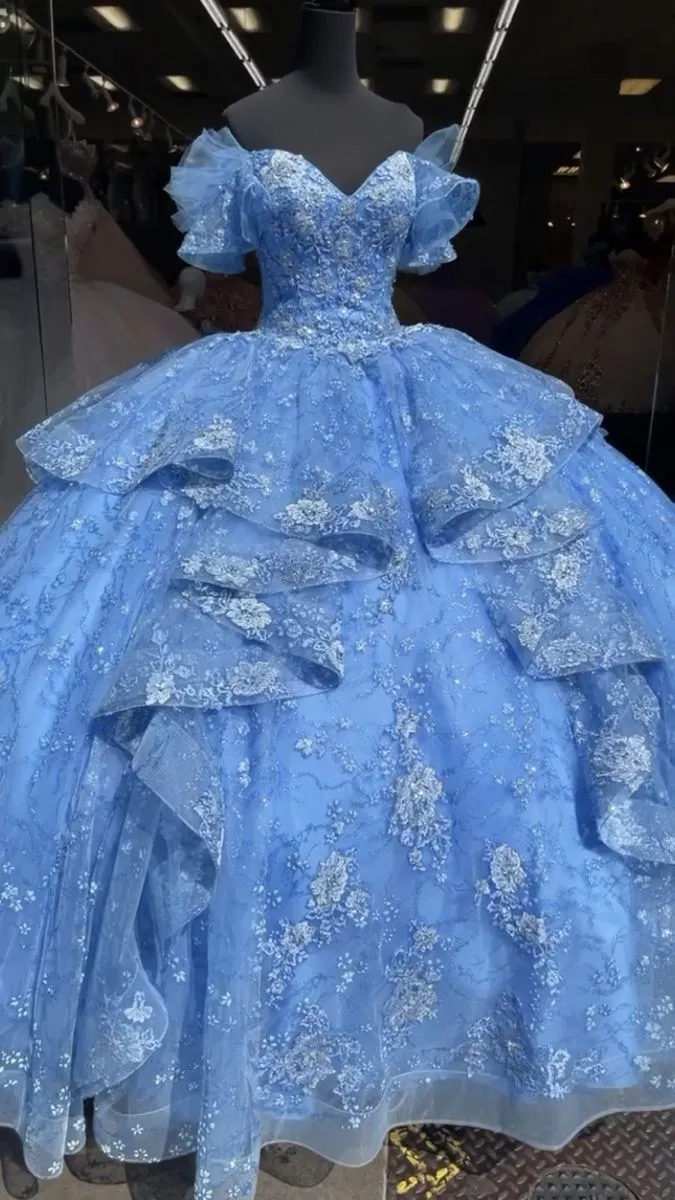 Diynav Blue Lace Tulle Ball Gown,Blue Sweet 16 Dress,Quinceanera Dress HZ1017