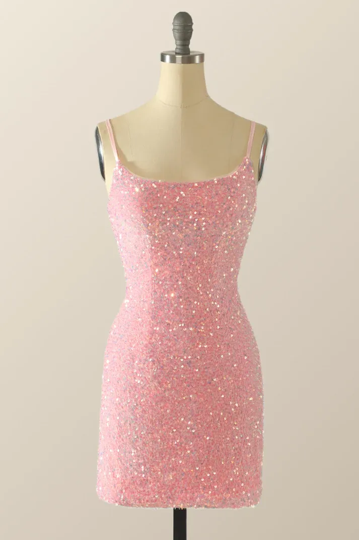 Diynav Pink Sequins Homecoming Dress,Pink Backless Party Dress HZ1017