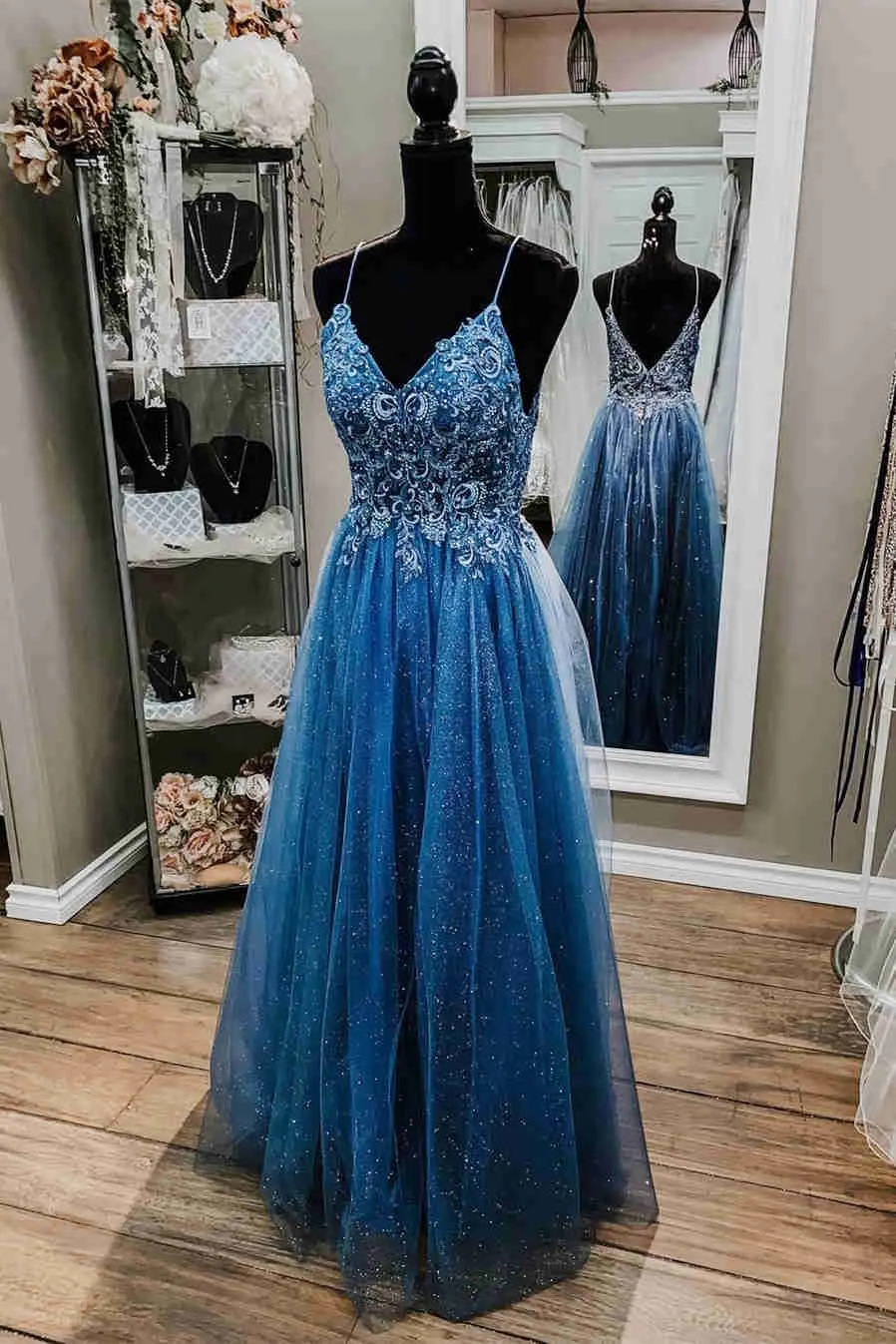 Diynav Straps Beaded Blue Formal Prom Dress Chic Evening Dress HZ1017