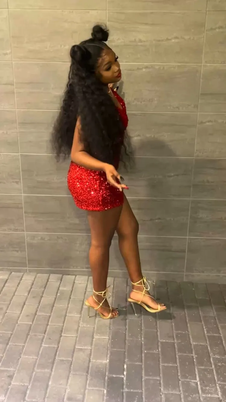 Diynav Birthday Outfit Red Sequins V Neck Homecoming Dress For Black Girls HZ1017 - Image 2