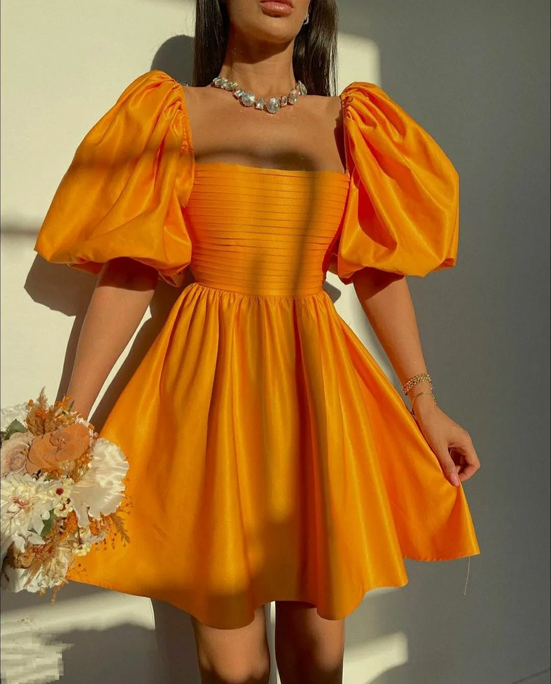 Diynav Style Orange Puff Sleeve A-line Homecoming Dress,Orange Cocktail Dress HZ1017