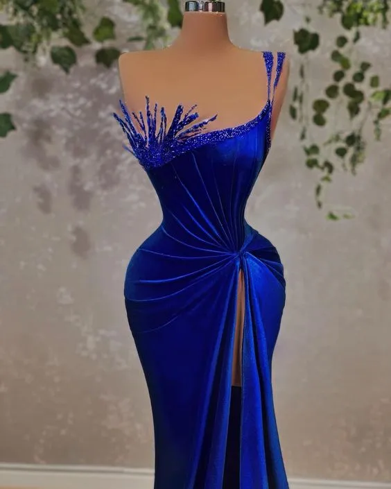 Diynav Royal Blue Velvet Evening Dress, Unique Design Straps Evening Gown With High Split HZ1017