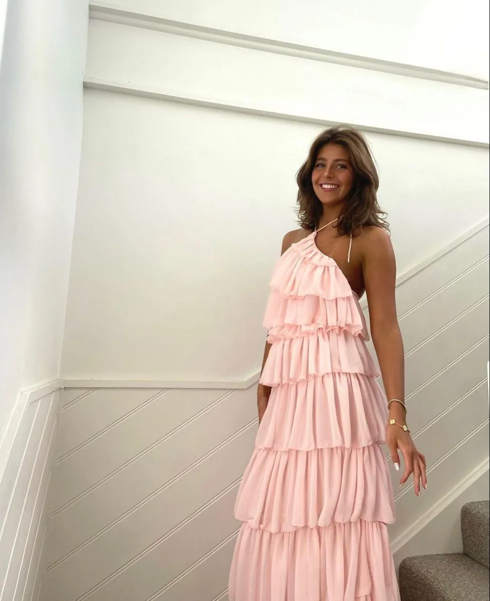 Diynav Sleeveless Layered Long Prom Dress,Pink Evening Dress HZ1017