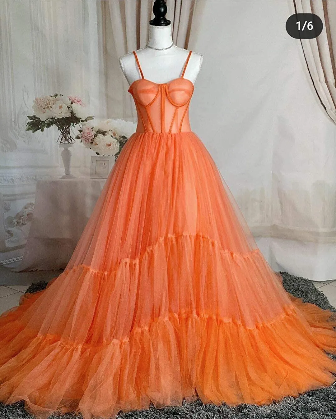 Diynav Straps Orange Tulle Evening Dress,Sexy Prom Gown HZ1017