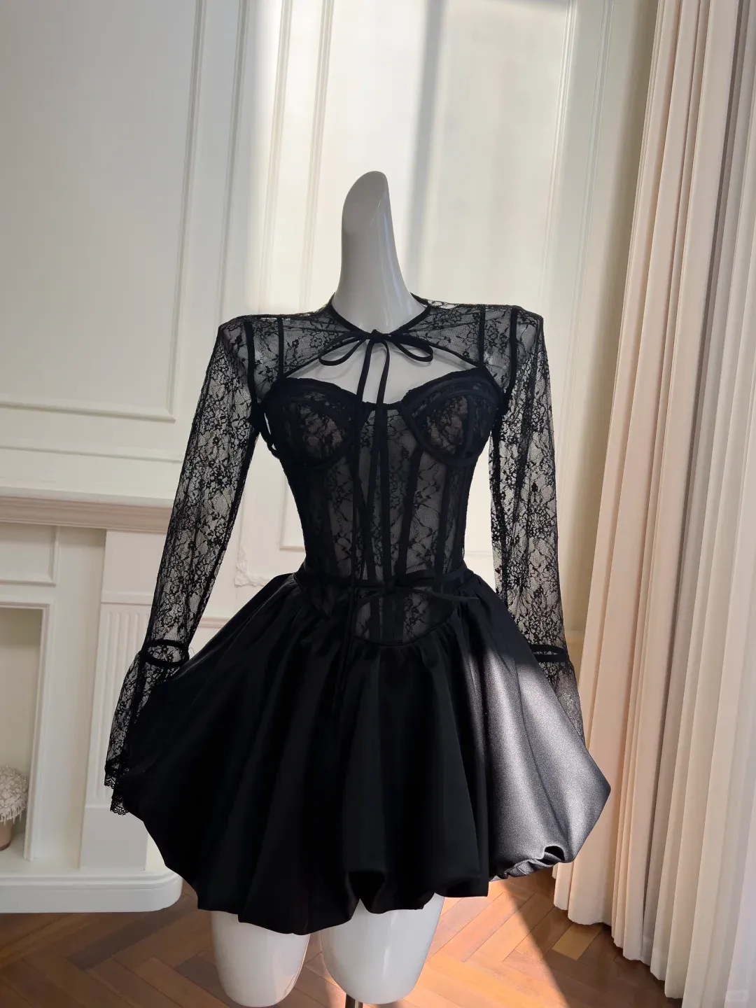 Diynav Black Lace Satin A Line Homecoming Dress Short Prom Dress HZ1017
