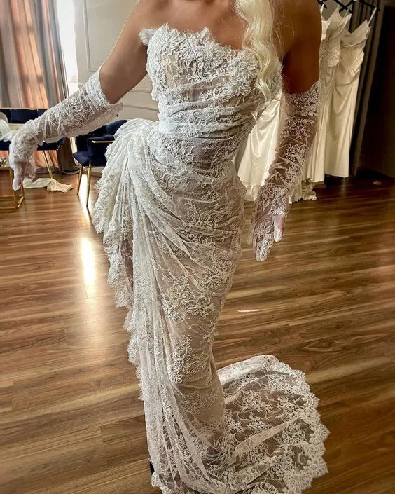 Diynav Strapless Bridal Gown Lace Mermaid Ruched Lace High Low Thigh Split Custom Made Wedding Dress HZ1017