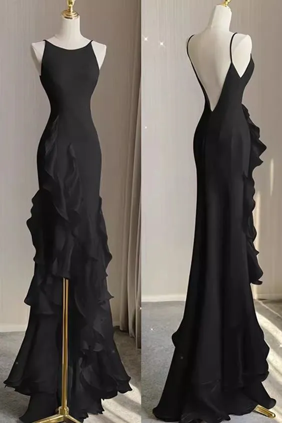 Diynav Mermaid Beach Black Evening Dress with Ruffles, Spaghetti Straps Backless Prom Gown HZ1017