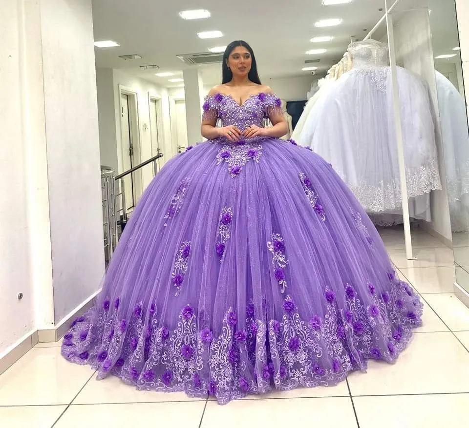 Diynav Purple Off The Shoulder Quinceanera Dresses,Luxurious Ball Gown,Sweet 15 Dress HZ1017