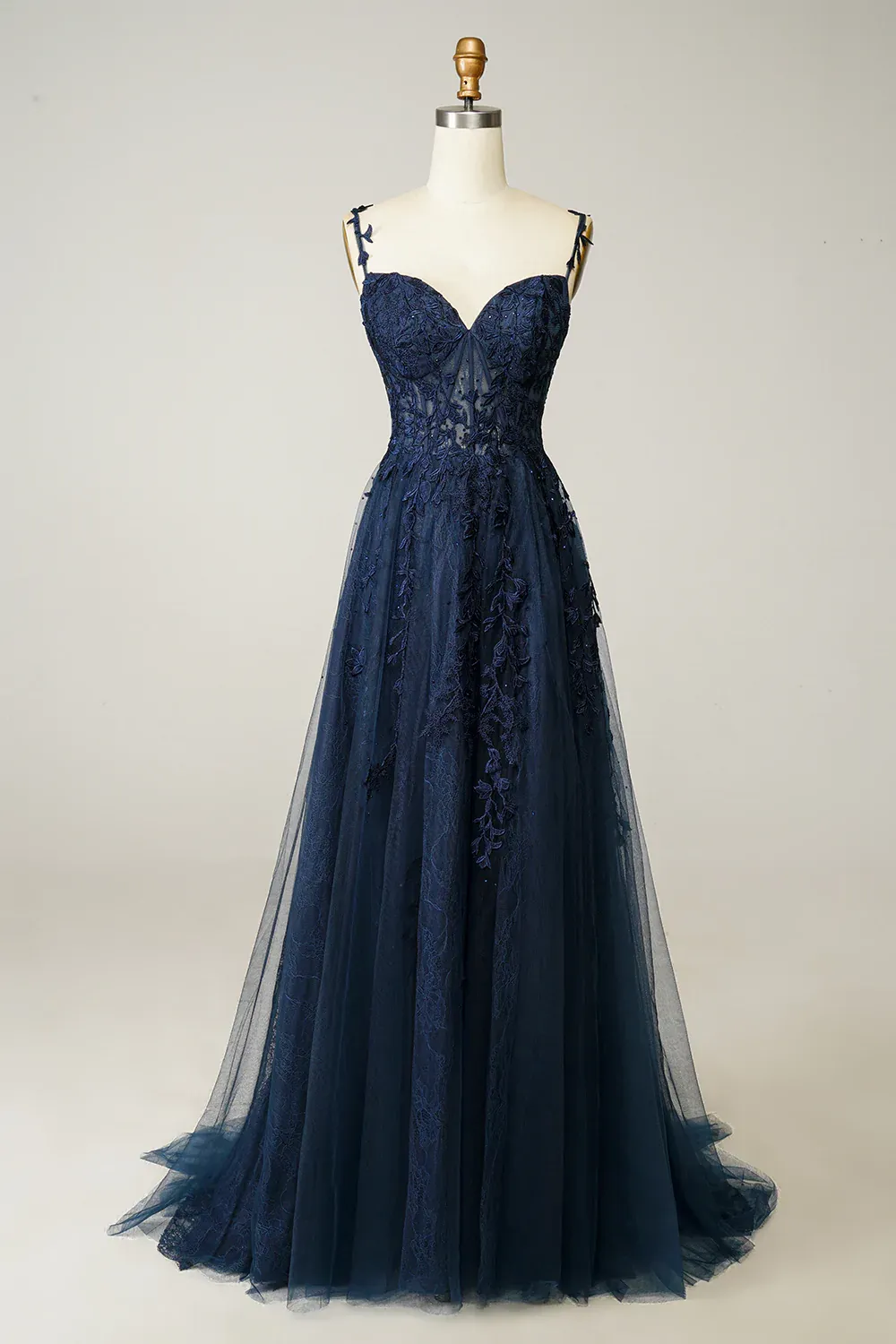 Diynav Navy Blue Prom Dress Lace Tulle Evening Dress HZ1017