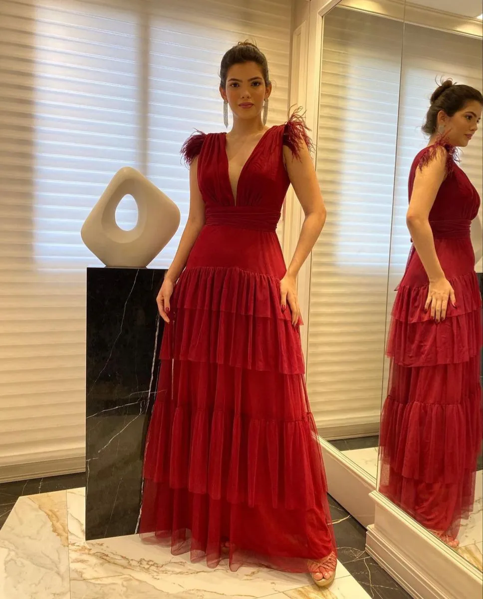 Diynav Deep V Neck Multi-layered Evening Dress Fashion Party Dress HZ1017