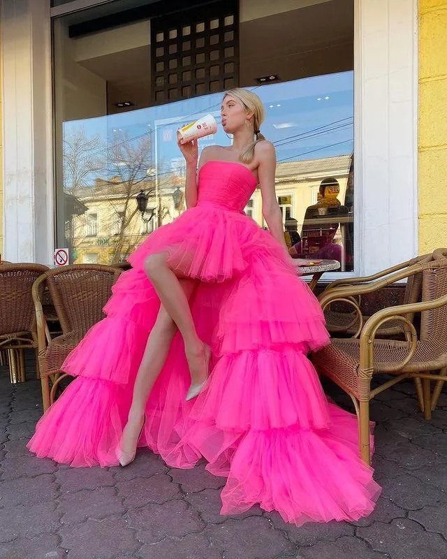 Diynav A Line High Low Strapless Pink Long Prom/Evening Dress Ruffles HZ1017