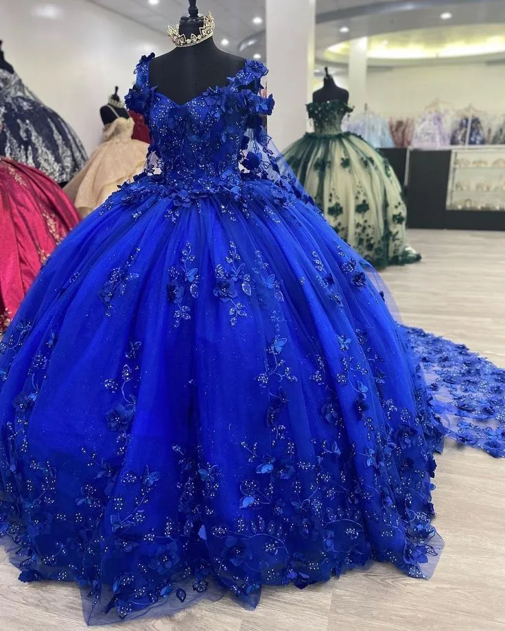 Diynav Blue Sweet 16 Princess Ball Gown Quinceanera Dresses with Train for Girls Prom Party Evening HZ1017