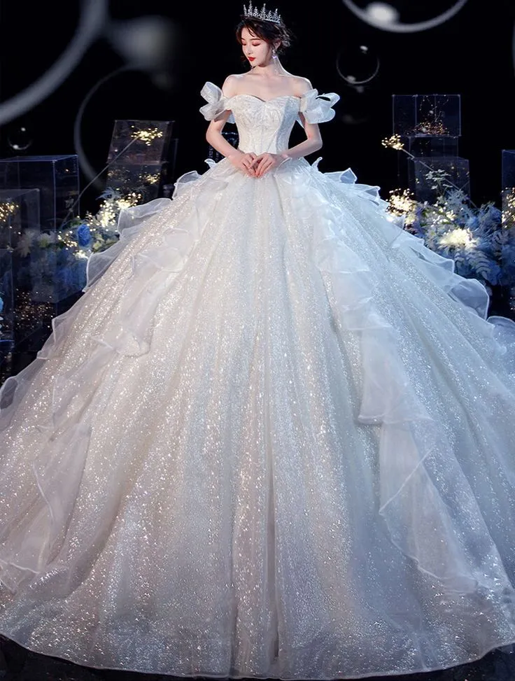 Diynav Romantic Off Shoulder White Wedding Dress Sweep Train HZ1017