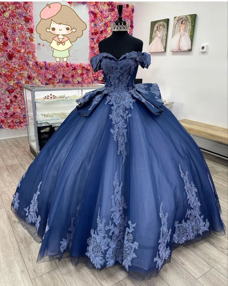 Diynav Off The Shoulder Tulle Lace Quinceanera Dress,Navy Blue Ball Gown Sweet 15 Dress HZ1017