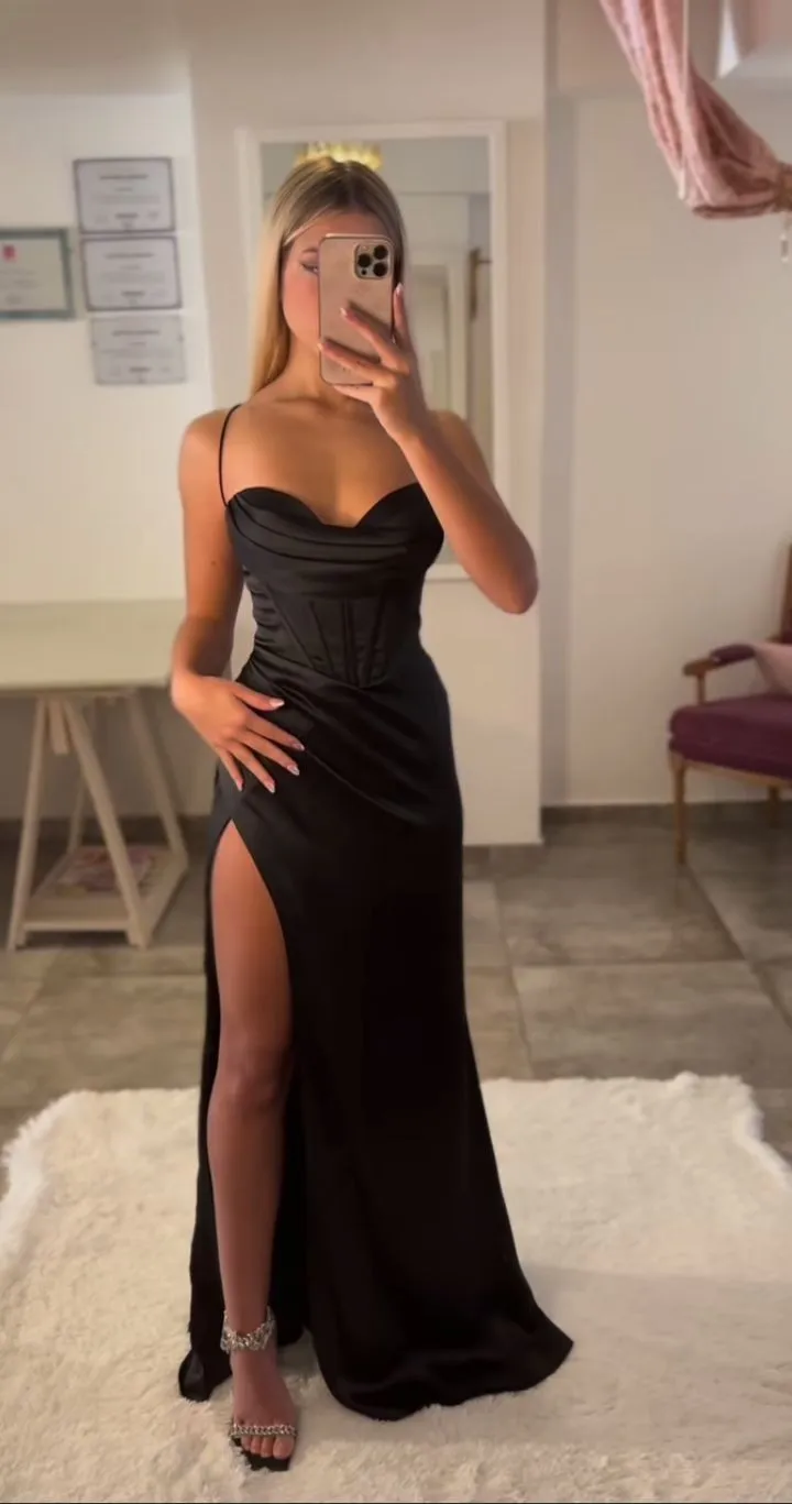 Diynav Black Satin Sleeveless Corset Slit Evening Dress HZ1017