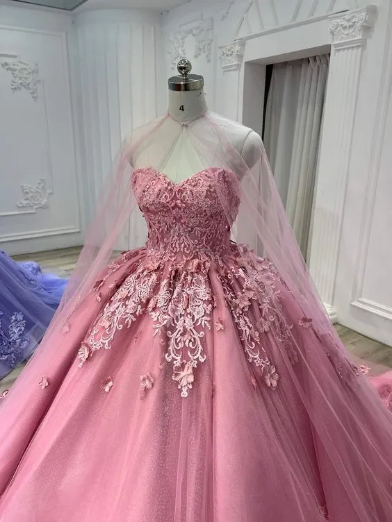Diynav Pink Tulle Lace Ball Gown With Tulle Cape Sweet 16 Dress HZ1017